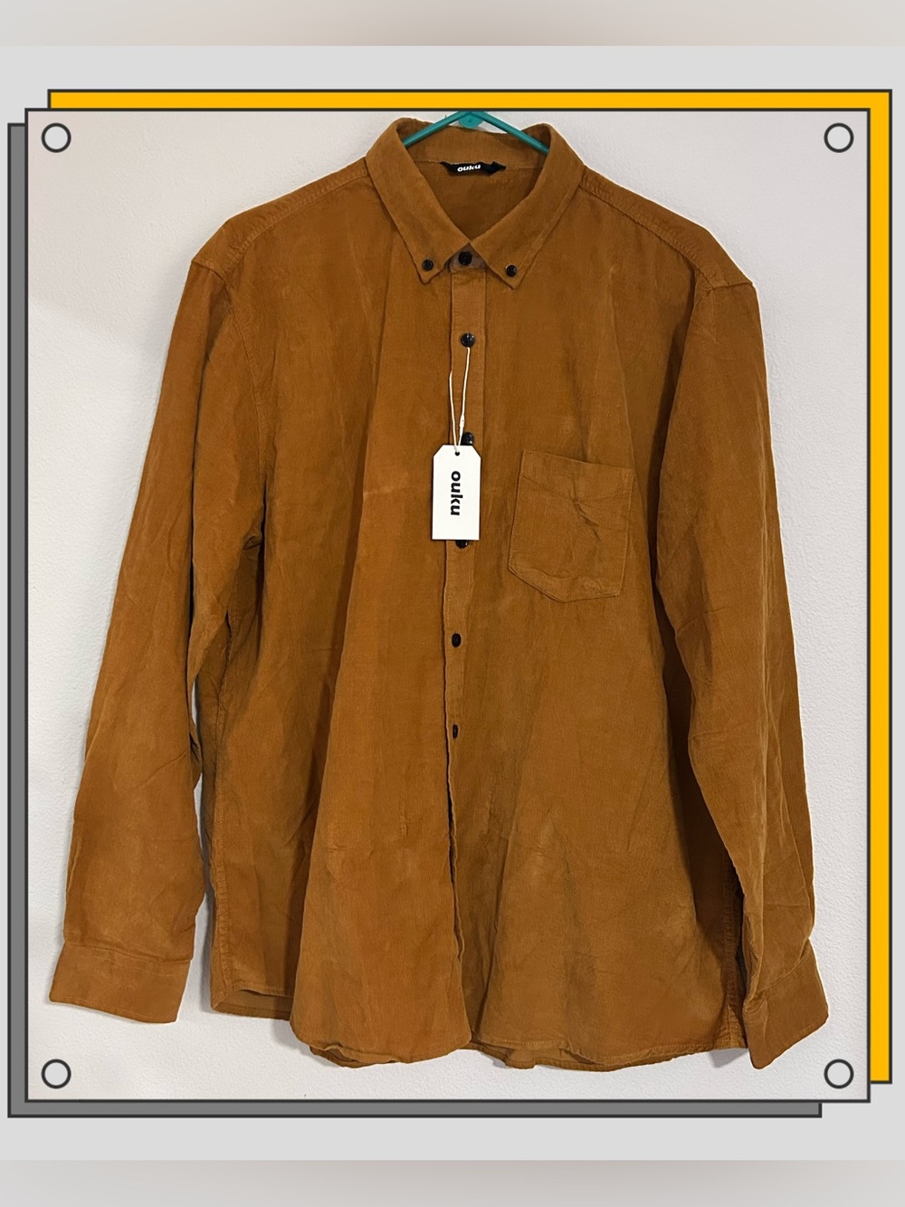 Ouku Men’s 100 Cotton Corduroy Button-Down Long Sleeve Shirt Tan Yellow Sz 2XL